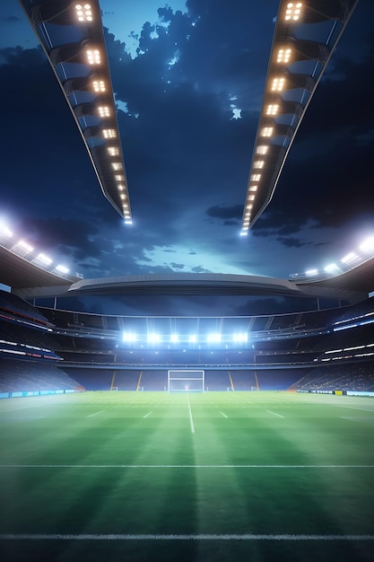 Foto vista geral de um estádio de futebol com luzes sobre o céu criadas usando