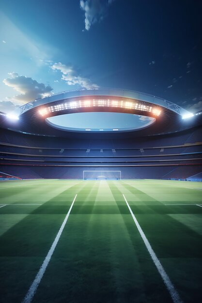 Foto vista geral de um estádio de futebol com luzes sobre o céu criadas usando