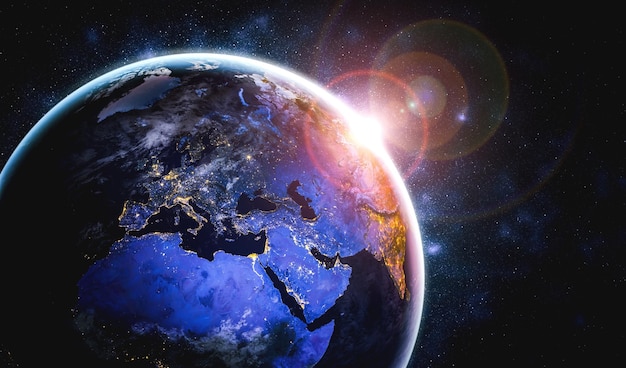Vista del globo terráqueo desde el espacio que muestra la superficie terrestre realista y el mapa del mundo