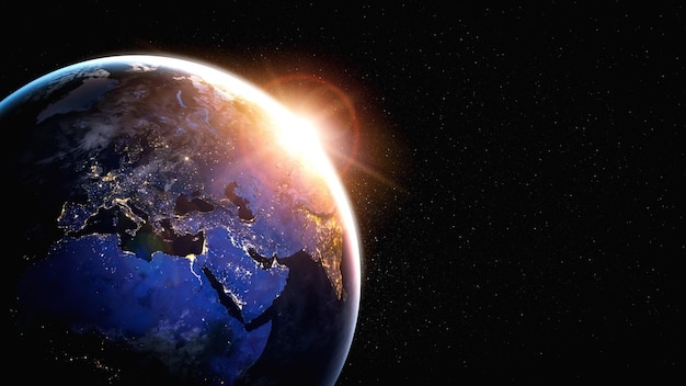 Vista del globo terráqueo del planeta desde el espacio que muestra la superficie terrestre realista y el mapa mundial