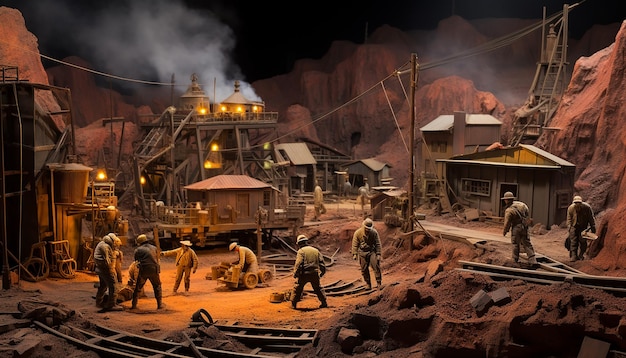 Vista gran angular a escala diorama de un grupo de mineros trabajando en una mina de oro