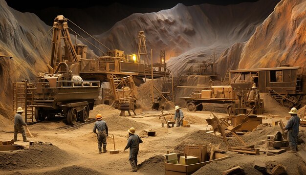 Vista gran angular a escala diorama de un grupo de mineros trabajando en una mina de oro