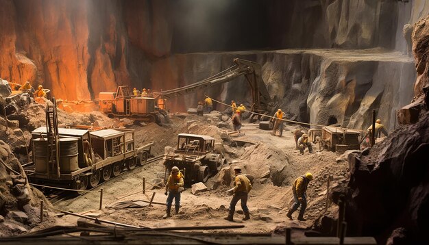 Vista gran angular a escala diorama de un grupo de mineros trabajando en una mina de oro