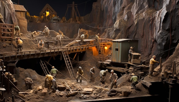 Vista gran angular a escala diorama de un grupo de mineros trabajando en una mina de oro