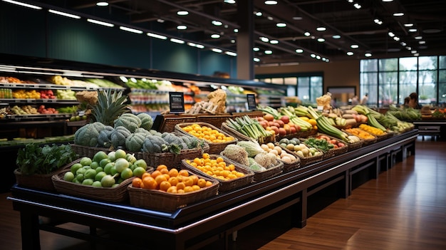 Vista de gran angular del interior de la tienda de supermercado con frutas y verduras frescas en exhibición