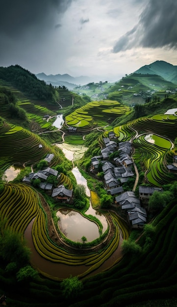 Vista de gran cantidad de terrazas de arroz en la montaña media generativa ai