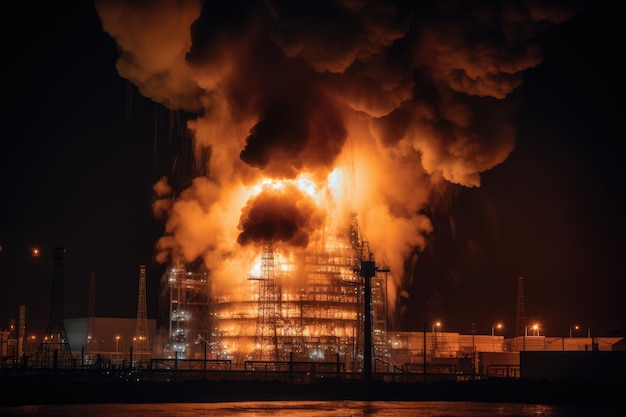 Vista de gran explosión e incendio en planta de energía generativa ai