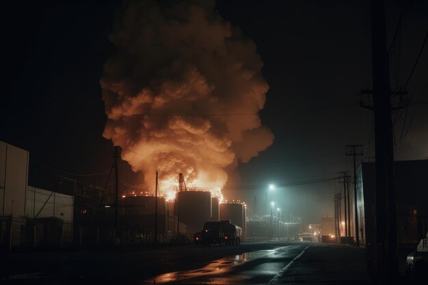 Vista de gran explosión e incendio en planta de energía generativa ai