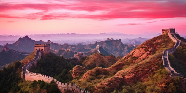 Foto vista de la gran muralla de china al atardecer