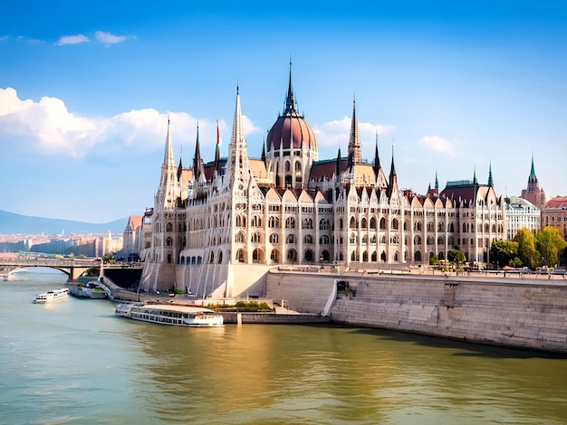 Vista del gran Parlamento húngaro con el famoso puente Margit AI_Generated