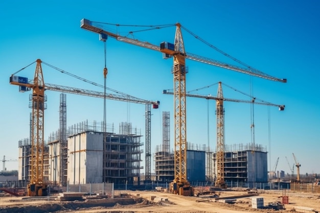 Vista de un gran sitio de construcción con edificios en construcción e IA generativa de varios pisos