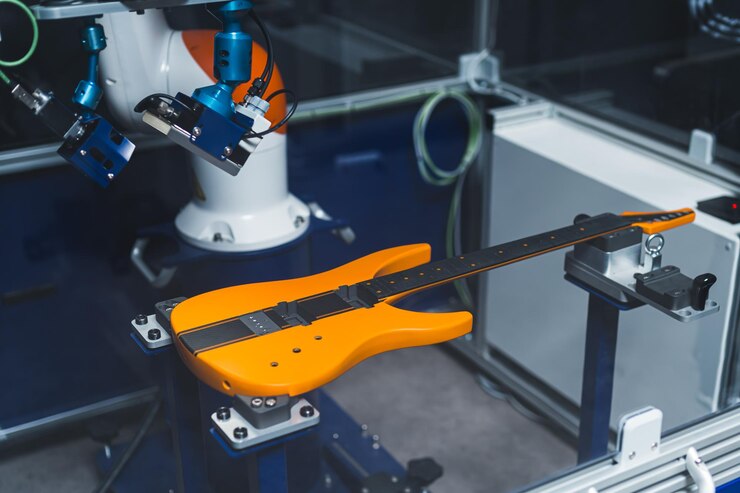 Foto vista de la guitarra moderna durante la inspección de la fábrica del proceso de control