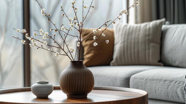 Vista desde la habitación de un jarrón de cerámica lleno de ramas de flores Generative Ai