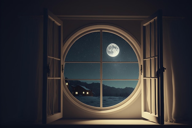 Vista desde la habitación con ventana abierta cielo nocturno con luna y estrellas