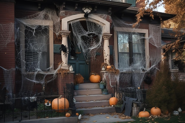 Foto vista de una hermosa casa decorada con halloweende