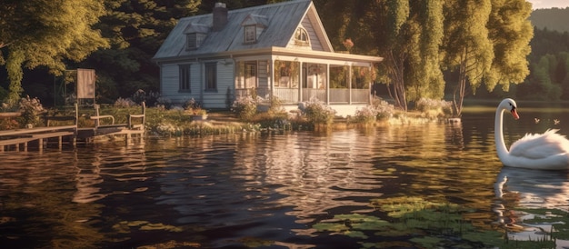 Foto vista de la hermosa casa en otoño con los cisnes nadando