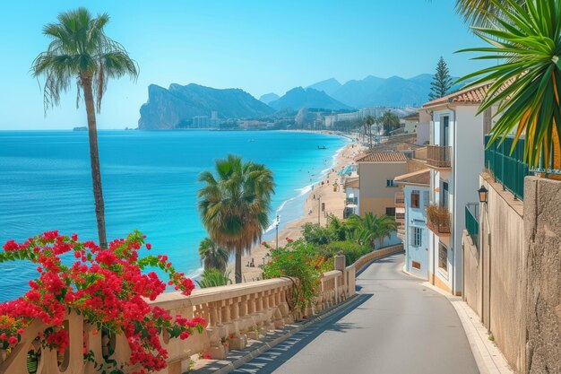 Foto vista a la hermosa ciudad de albir con el bulevar principal, el paseo marítimo, la playa y el mar mediterráneo