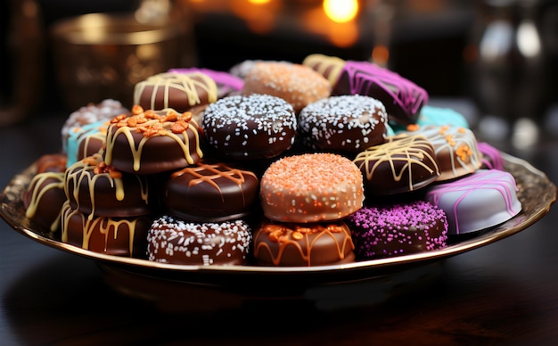 Vista de la hermosa comida de caramelo de chocolate delicioso en diferentes estilos en un plato