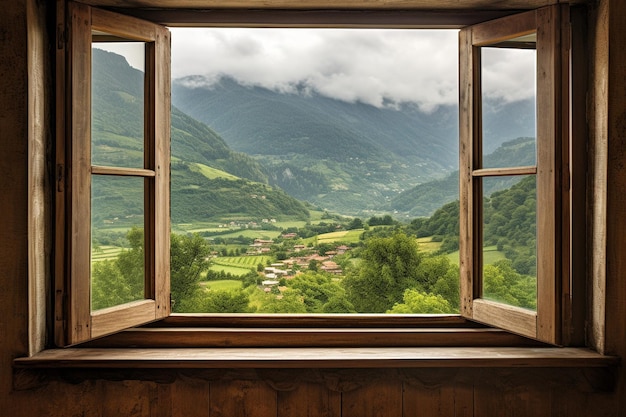 Vista de hermosas montañas desde una ventana en una pintura al óleo de un día lluvioso