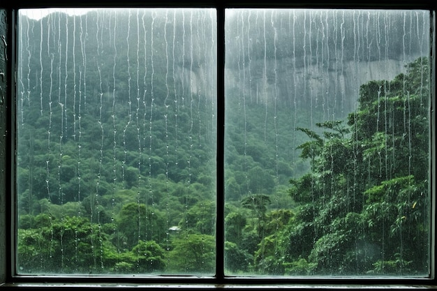 Vista de hermosas montañas desde una ventana en una pintura al óleo de un día lluvioso