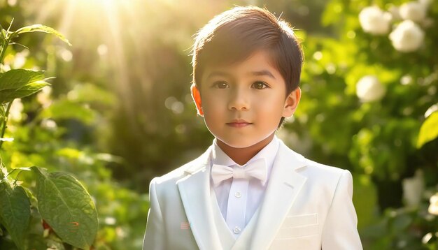 Vista de un hermoso niño con luz del sol en el fondo