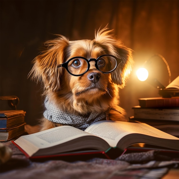 Foto vista de un hermoso perro en casa leyendo un libro y gafas en sus ojos