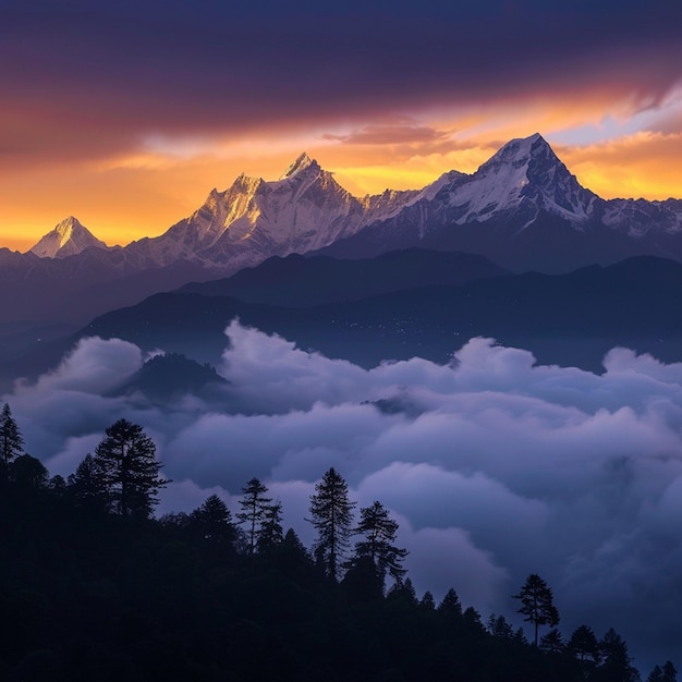 Vista de los Himalayas durante una noche de puesta de sol nebulosa El Monte Everest visible a través de la niebla