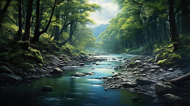 Vista hiperreal de un río tranquilo que serpentea a través de un bosque