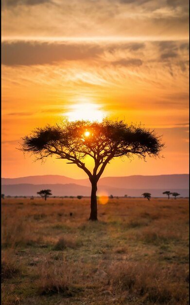 Foto vista hipnotizante da silhueta de uma árvore nas planícies da savana durante o sol