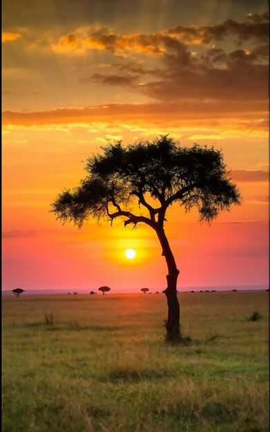 Foto vista hipnotizante da silhueta de uma árvore nas planícies da savana durante o sol