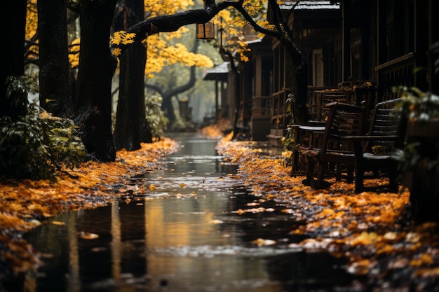 Vista de hojas secas de otoño caídas en el pavimento de la calle