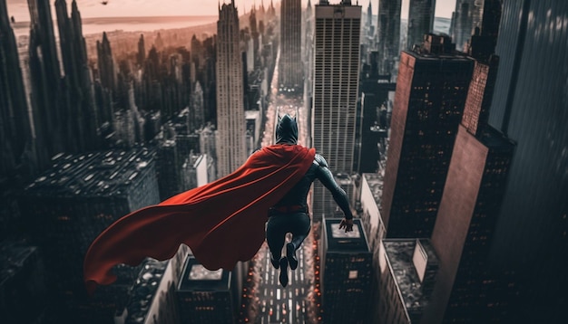 Foto vista de un hombre en capa roja volando sobre la ciudad generativa ai