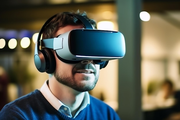 Vista de un hombre feliz con una máscara de realidad virtual en casa generada por IA