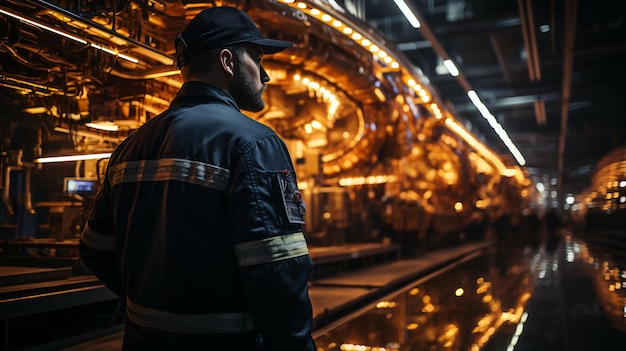 Vista de un hombre que trabaja ingeniero desde atrás contra el fondo de una refinería de petróleo generada por IA