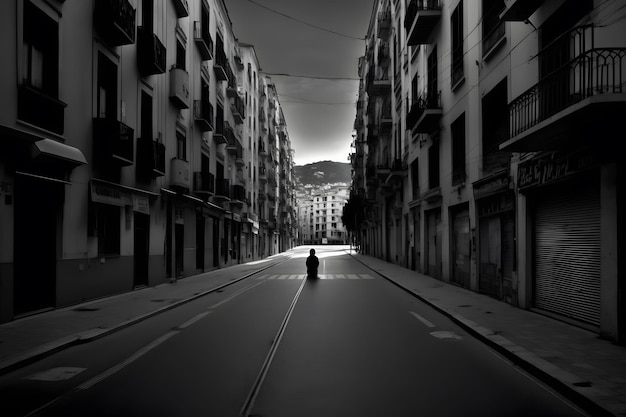 Vista horizontal de una calle vacía de una ciudad en blanco y negro Red neuronal IA generada