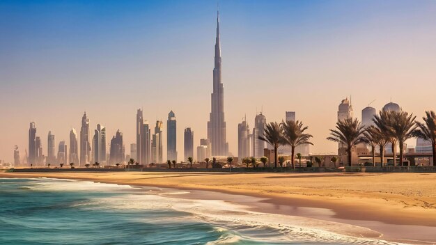 Foto vista horizontal de los rascacielos y la playa de jumeirah en dubái, emiratos árabes unidos