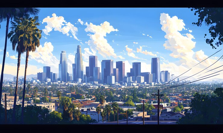 Vista del horizonte de Los Ángeles con palmeras y cielo azul