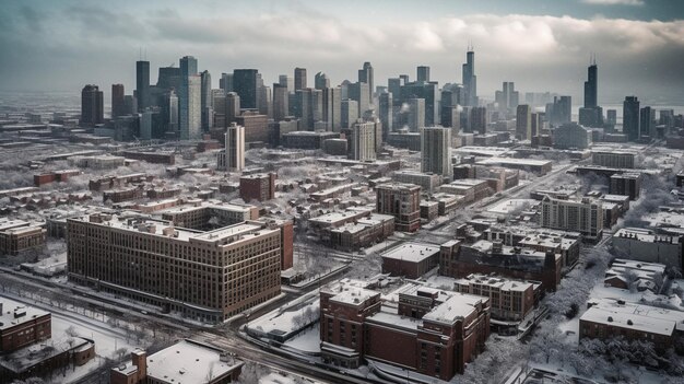 Una vista del horizonte de Chicago desde el techo de un edificio con nieve en el suelo.