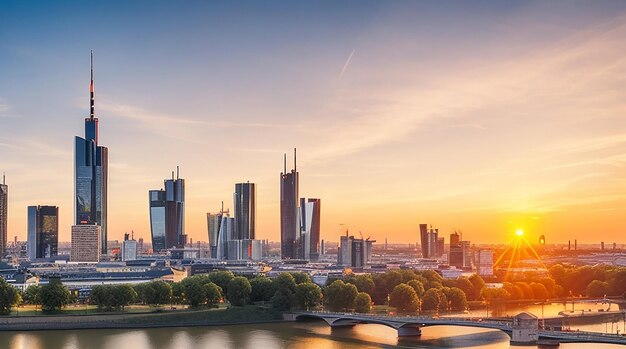 Vista del horizonte de la ciudad de Frankfurt en Alemania al atardecer