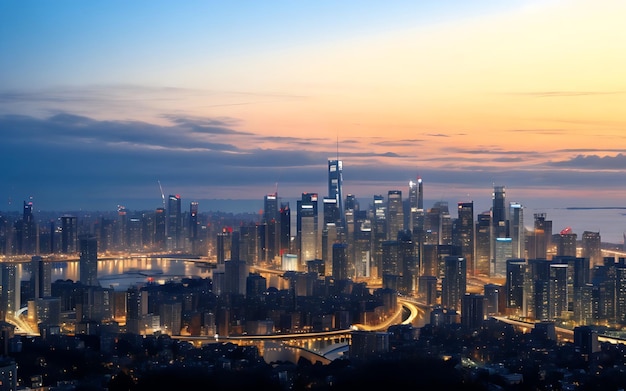 Vista del horizonte de la ciudad futurista paisaje urbano por la noche