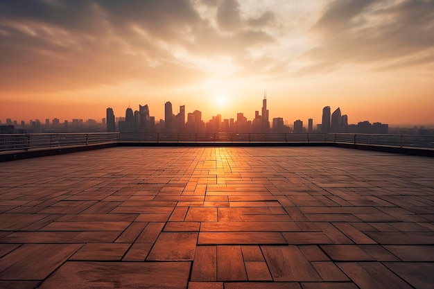 Una vista del horizonte de la ciudad con una puesta de sol en el fondo