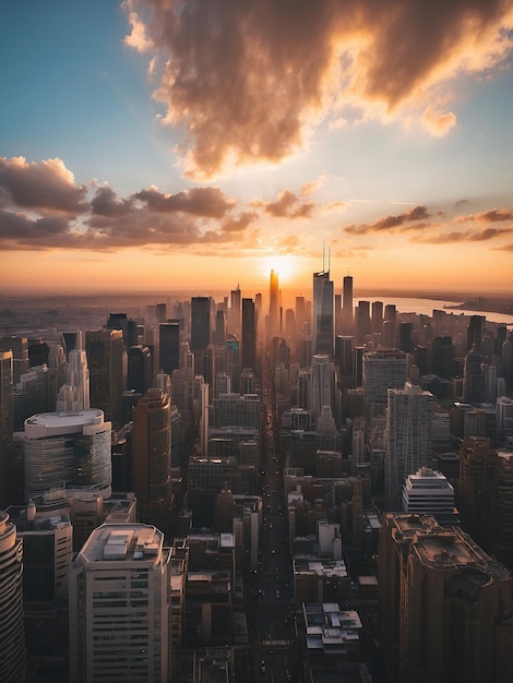 Vista del horizonte de la ciudad en la puesta de sol