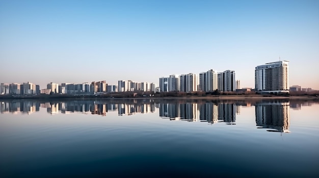 Vista del horizonte de la ciudad con el reflejo del agua y el cielo azul