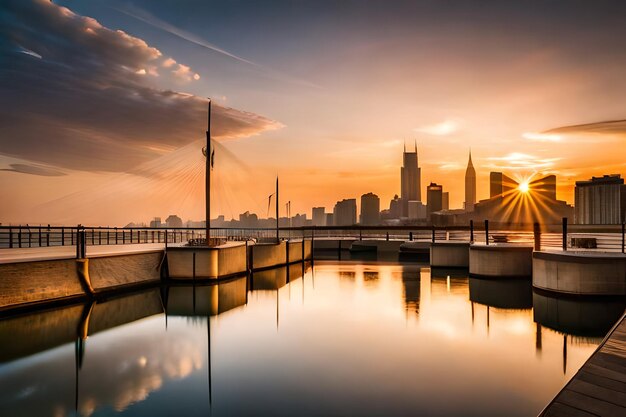 Vista del horizonte con edificios y lago de agua al atardecer generado por ai