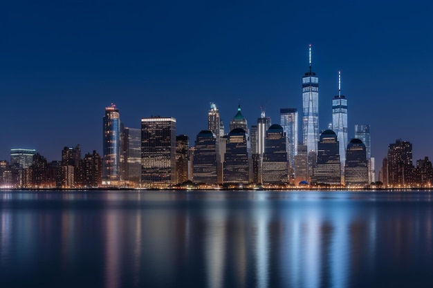 Una vista del horizonte de manhattan en la noche.