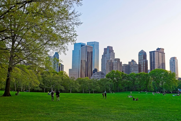 Vista del horizonte de Midtown Manhattan en Central Park South, en Nueva York, Estados Unidos. Gente cercana