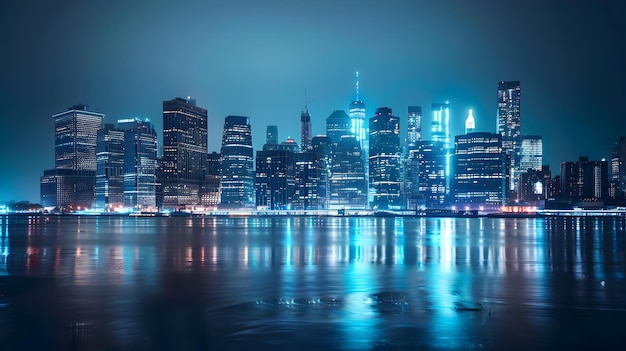 Vista del horizonte nocturno de la ciudad de Nueva York con reflejo