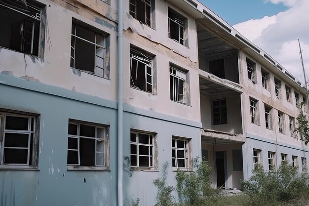 Vista del hospital abandonado con ventanas rotas y paredes rotas después de un desastre natural