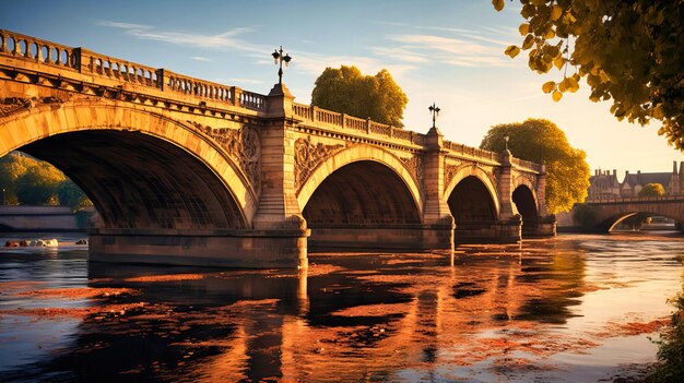 Foto una vista icónica de un puente histórico que atraviesa un río tranquilo