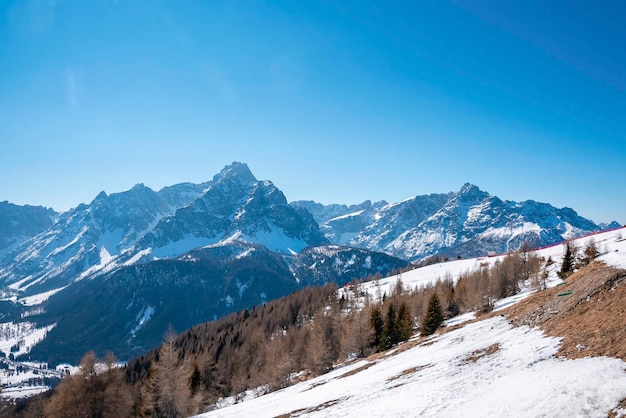 Vista idílica da majestosa cordilheira kronplatz e árvores contra o céu claro